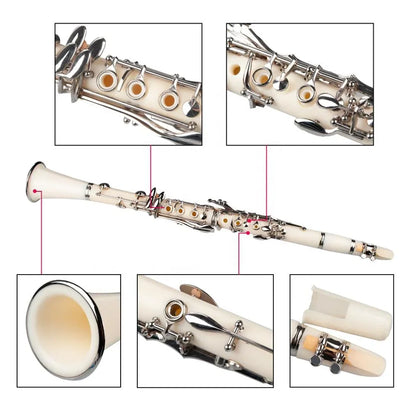 White naomi abs clarinet bb cupronickel with silver keys and fittings includes screwdriver woodwind instrument kit