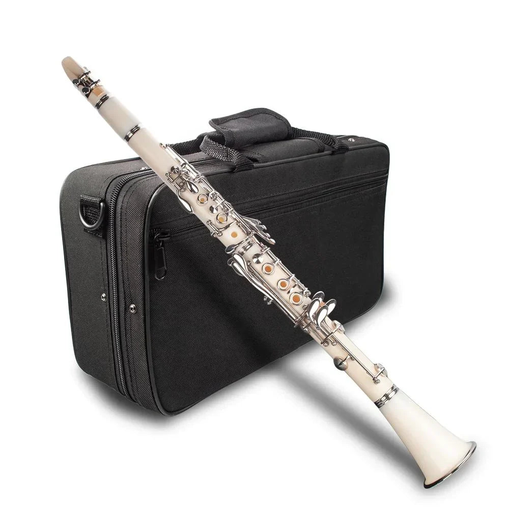 A white naomi abs clarinet bb cupronickel with silver keys and gold accents rests diagonally on a black case with screwdriver woodwind instrument accessories