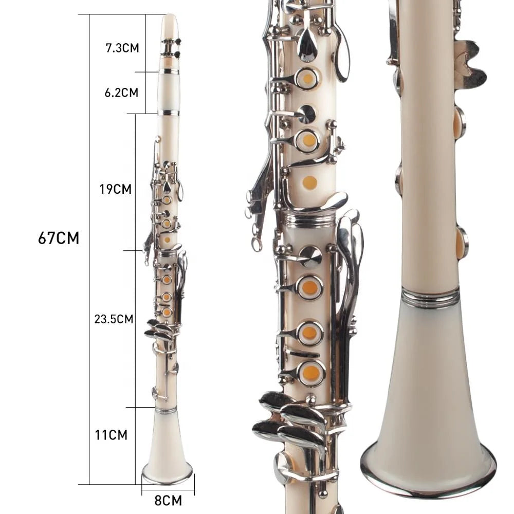 A white naomi abs clarinet bb cupronickel with silver keys orange accents includes screwdriver woodwind instrument