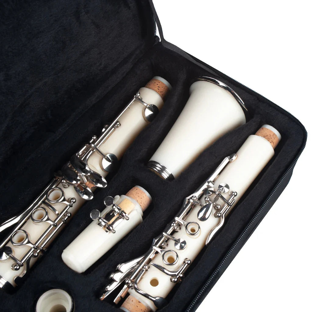 White naomi abs clarinet bb cupronickel with silver keys and cork joints in black case with screwdriver woodwind instrument