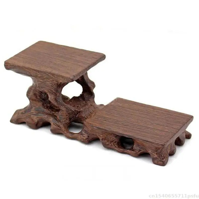 Dark brown natural solid wood decorative shelf display stand with intricately carved tree-root base for buddha vase flower