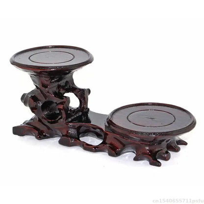 Dark reddish-brown natural solid wood high-low decorative shelf display stand with carved root base for buddha vase flower