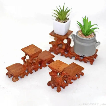 Natural solid wood decorative shelf with warm reddish-brown finish hand-carved for buddha vase flower pot bonsai display