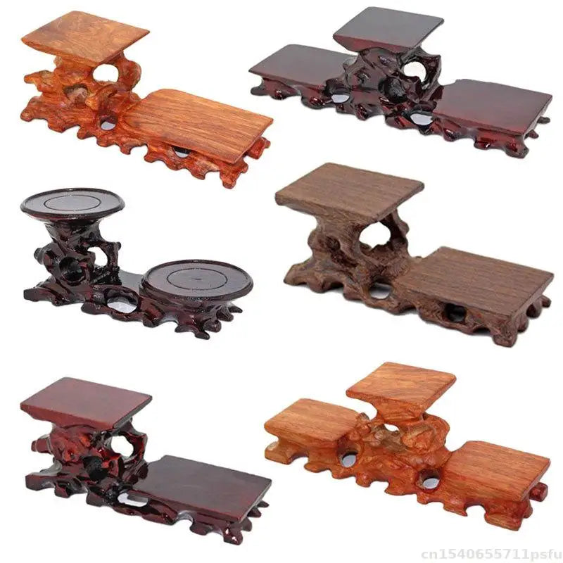 Natural solid wood decorative shelf display stands in reddish-brown and mahogany for buddha vase flower pots and bonsai plants