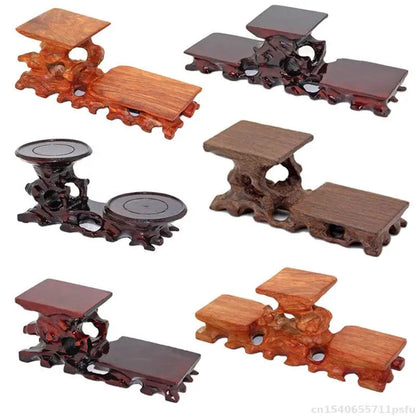 Natural solid wood decorative shelf display stands in reddish-brown and mahogany for buddha vase flower pots and bonsai plants