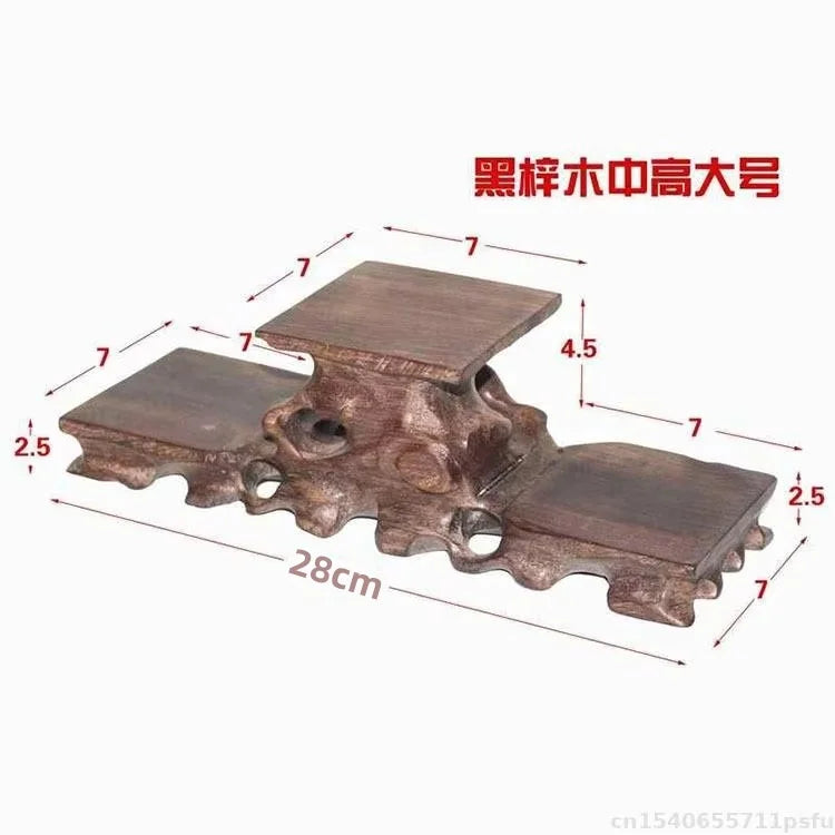 Natural solid wood decorative shelf with black bark base and dark brown tiers for buddha vase flower pots