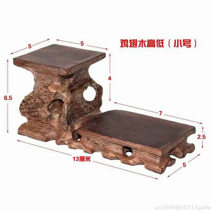 Dark brown natural solid wood high-low pedestal decorative shelf with intricate carving for buddha vase flower display