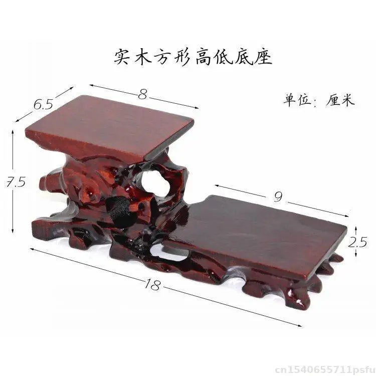 A polished dark red natural solid wood decorative shelf with a raised top for buddha vase flower and bonsai display