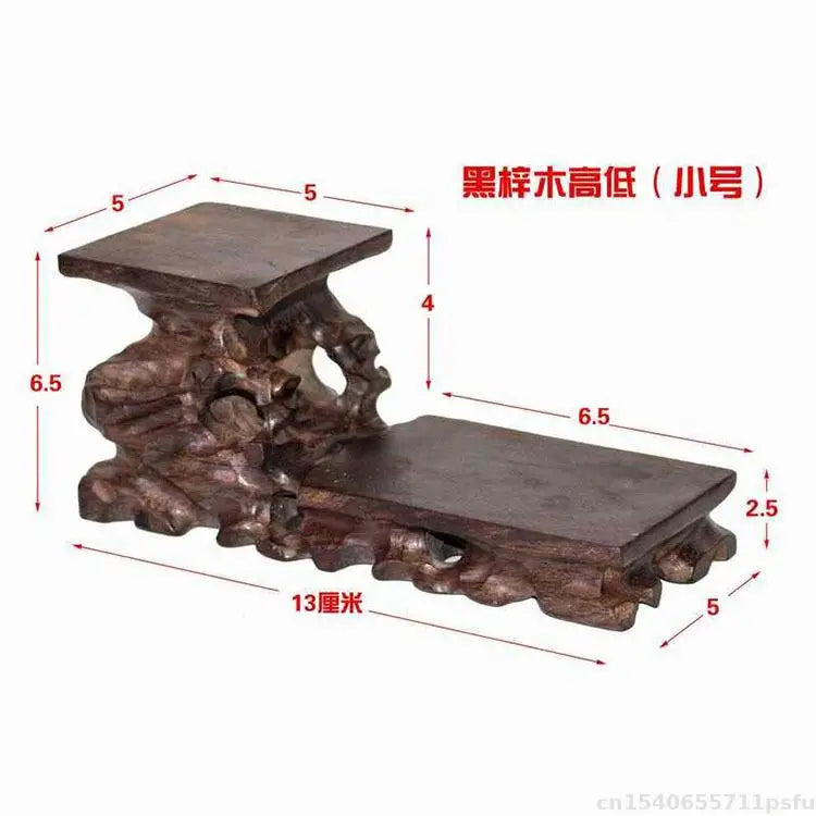 Dark brown natural solid wood decorative shelf with intricate root-like base for buddha vase flower display