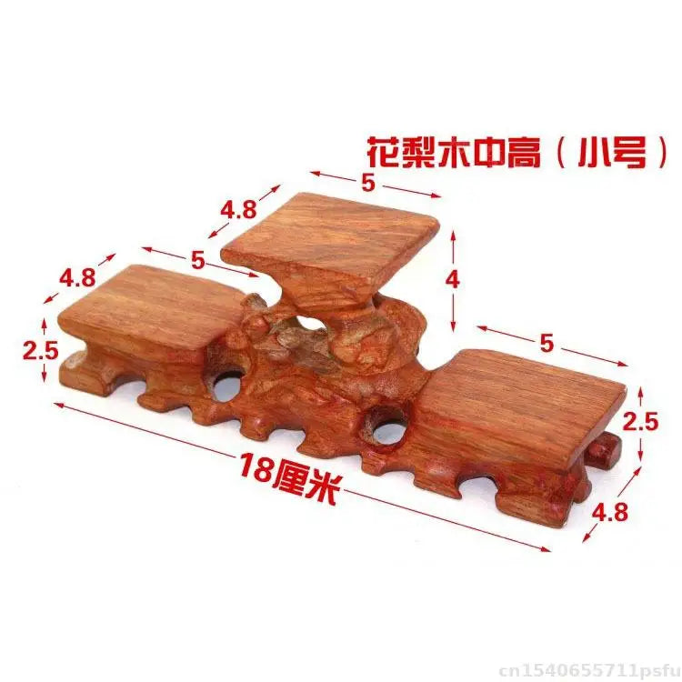 A polished medium-height natural solid wood decorative shelf with three square platforms for buddha vase flower display