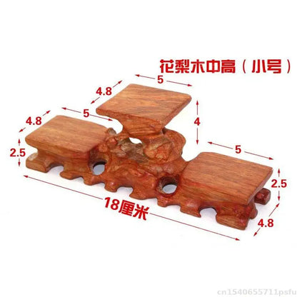 A polished medium-height natural solid wood decorative shelf with three square platforms for buddha vase flower display