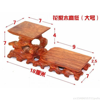 Natural solid wood reddish-brown decorative shelf with root base and two tiers for buddha vase flower display