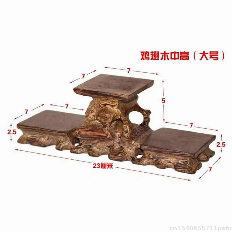 A rustic dark brown natural solid wood decorative shelf with three tiered platforms for buddha vase flower display