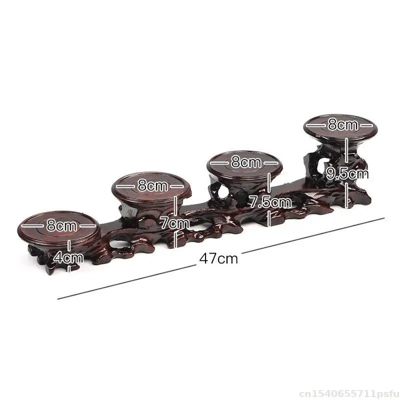 Dark brown natural solid wood decorative shelf display stand with carved base and four circular platforms for buddha vase flower