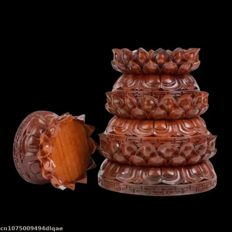 Hand carved reddish brown solid wood lotus incense burner with intricate petal detailing for bodhisattva altar table