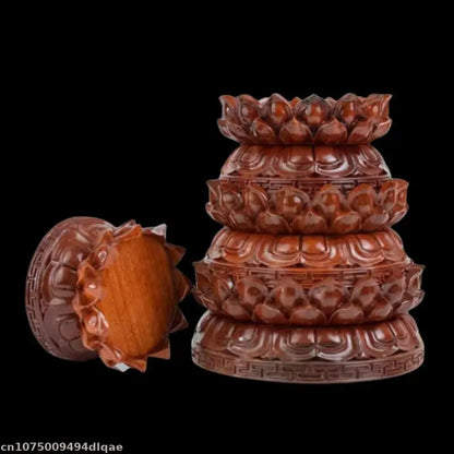 Hand carved reddish brown solid wood lotus incense burner with intricate petal detailing for bodhisattva altar table