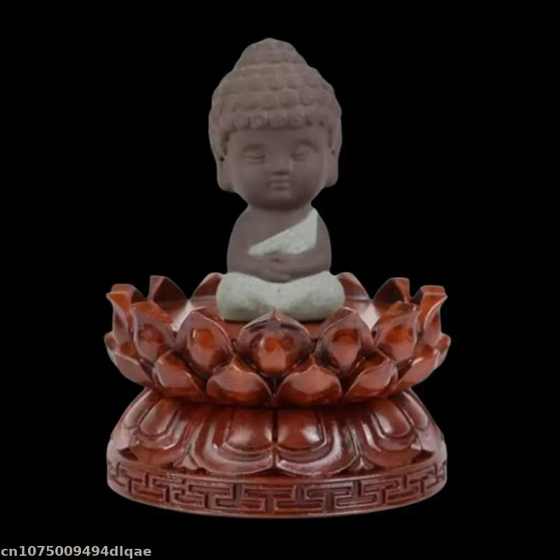 A serene light gray stone buddha figurine with closed eyes meditates on a solid wood lotus woodcarving buddha guanyin pedestal