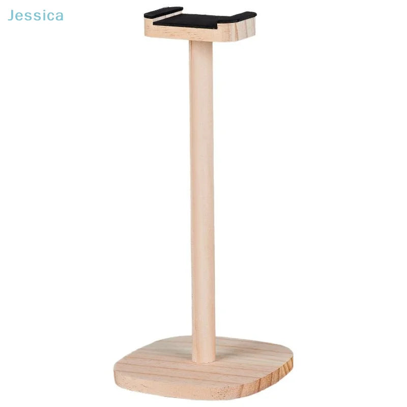 Natural light-colored wood headphone stand with black padded top for gaming over-ear headphones stable base