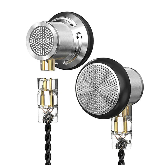 Silver and black inlayed dts dynamic earphones with transparent cable housing and gold-plated components for sport noise cancelling use