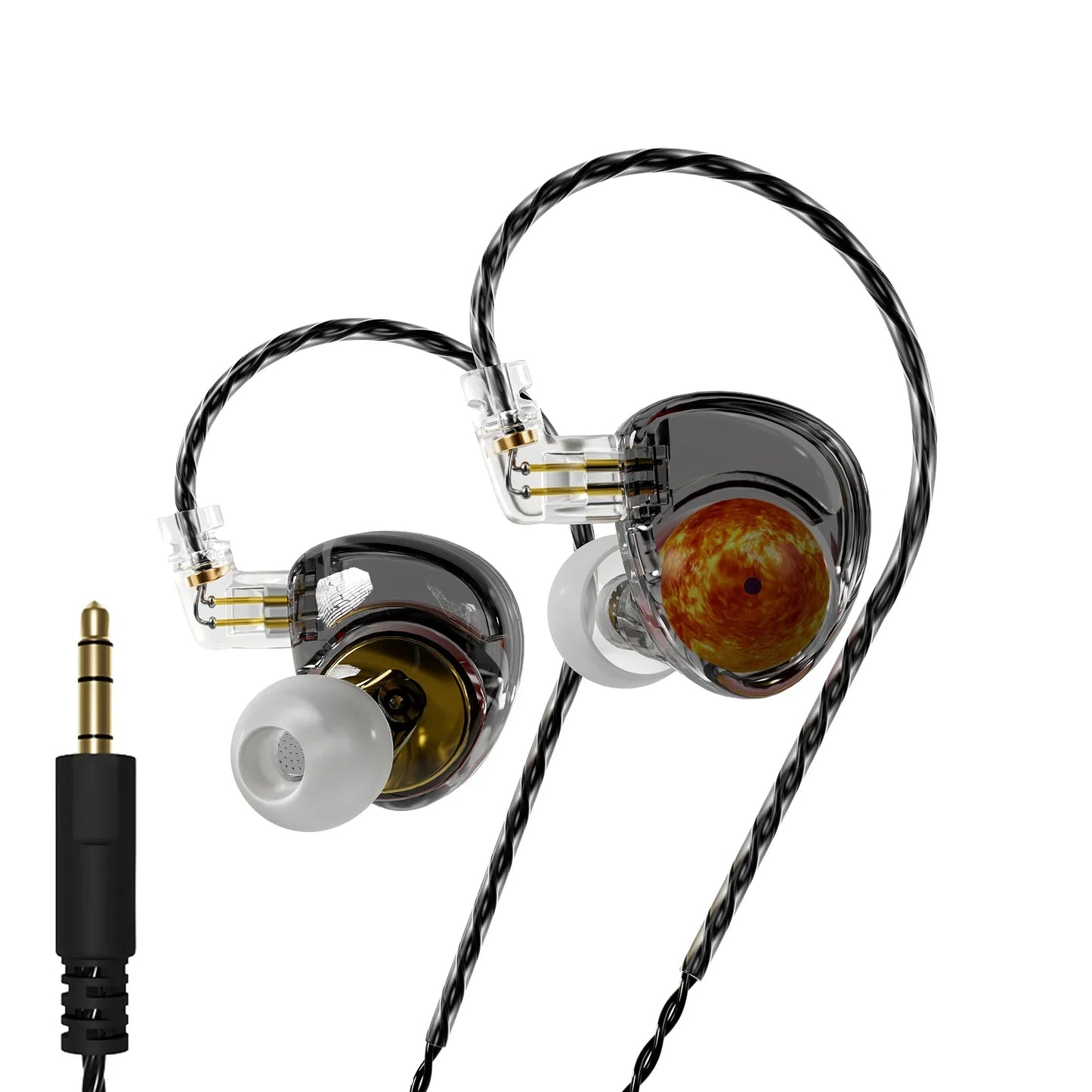 Clear transparent planet headphones dynamic in-ear monitors with a sun-like orange yellow design and detachable cable edx