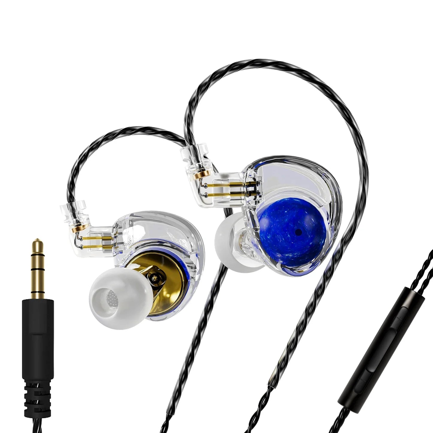 Clear transparent in-ear planet headphones dynamic with blue gold accents detachable cable edx for dj music sport use