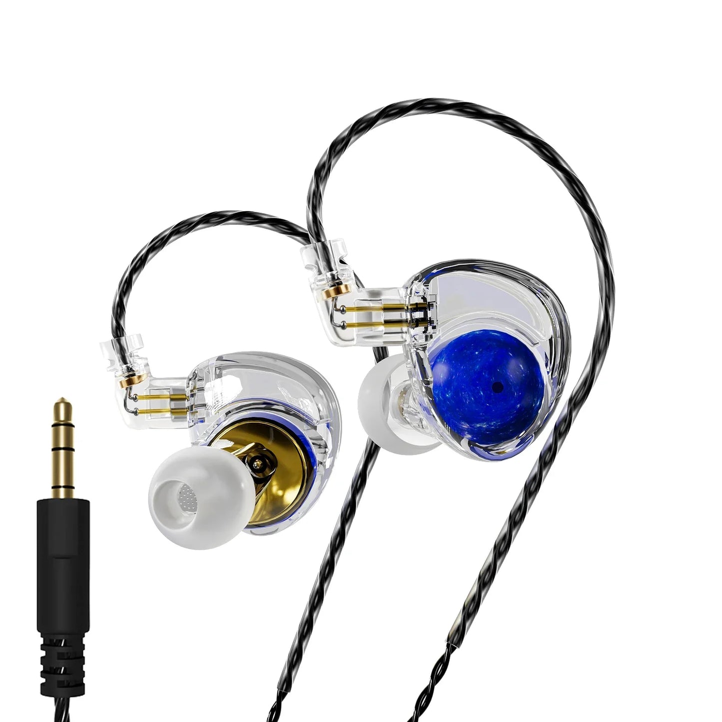 Clear transparent in-ear planet headphones dynamic with blue and gold interior and detachable cable edx for hiFi audio