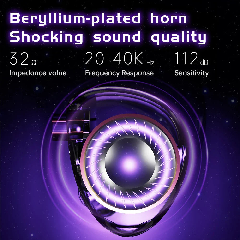 Beryllium-plated horn speaker with metallic finish and glowing purple accents in planet headphones dynamic drive hifi earphone with detachable cable edx