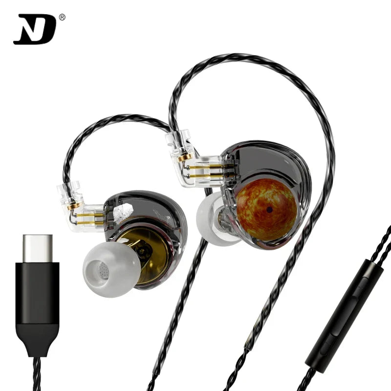 Clear transparent in-ear nd planet headphones dynamic with orange black planetary design and detachable cable edx