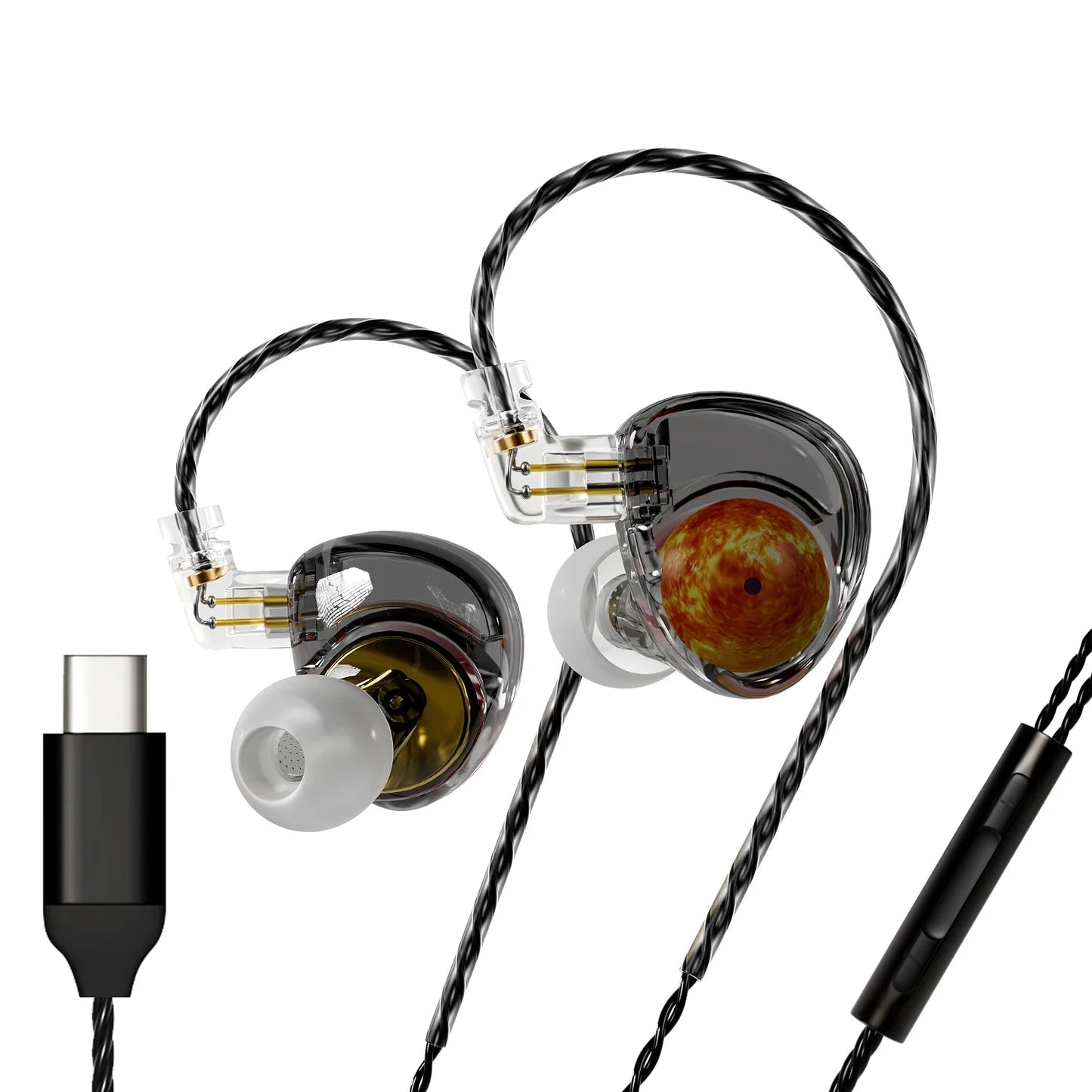 Clear transparent in-ear planet headphones dynamic with gold internal components black braided detachable cable edx
