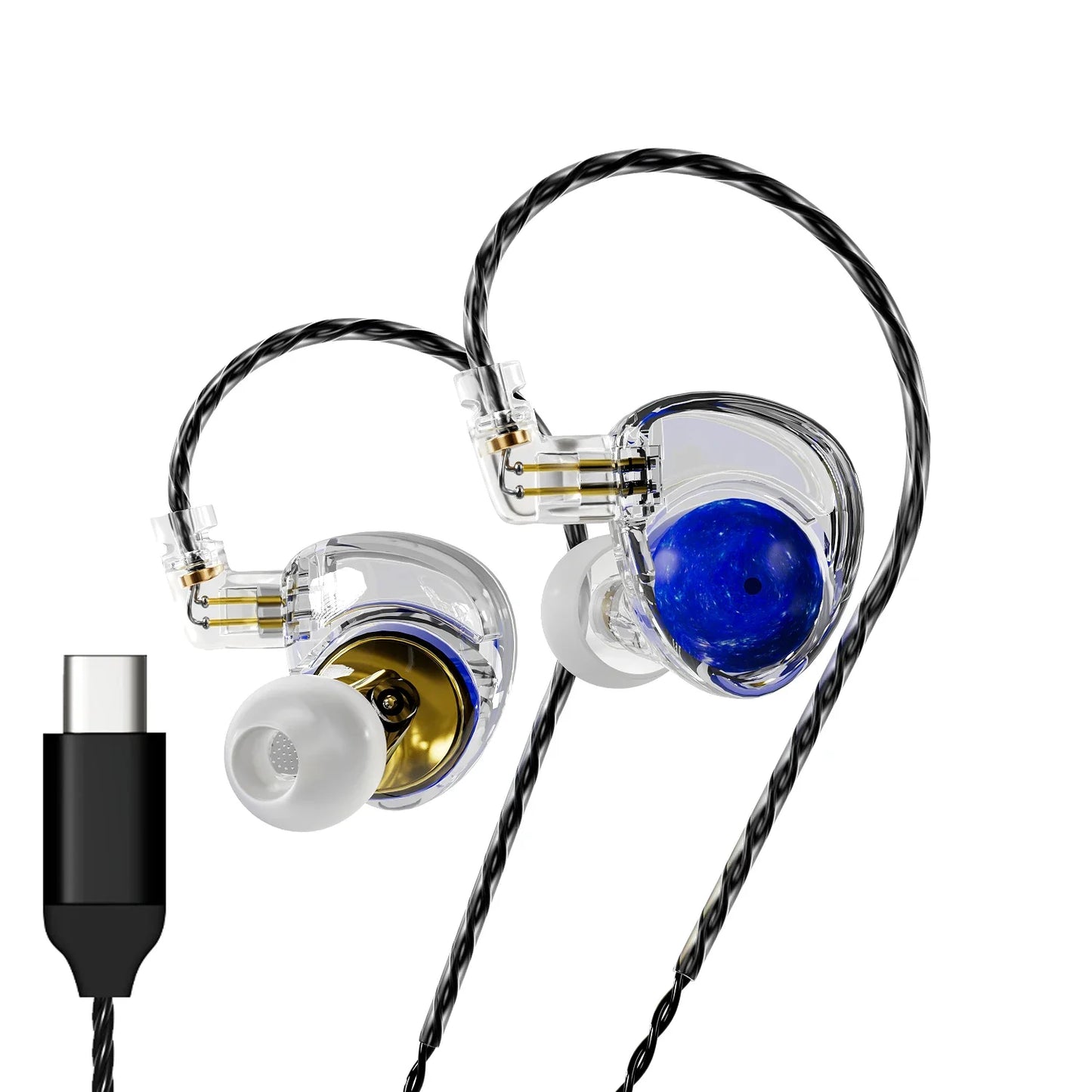 Clear in-ear planet headphones dynamic with blue and gold accents featuring braided black detachable cable edx