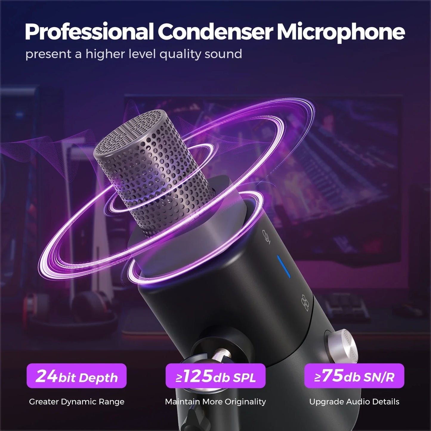 Black nearstream condenser usb am25x condenser microphone with metallic mesh and purple rings for gaming streaming podcast
