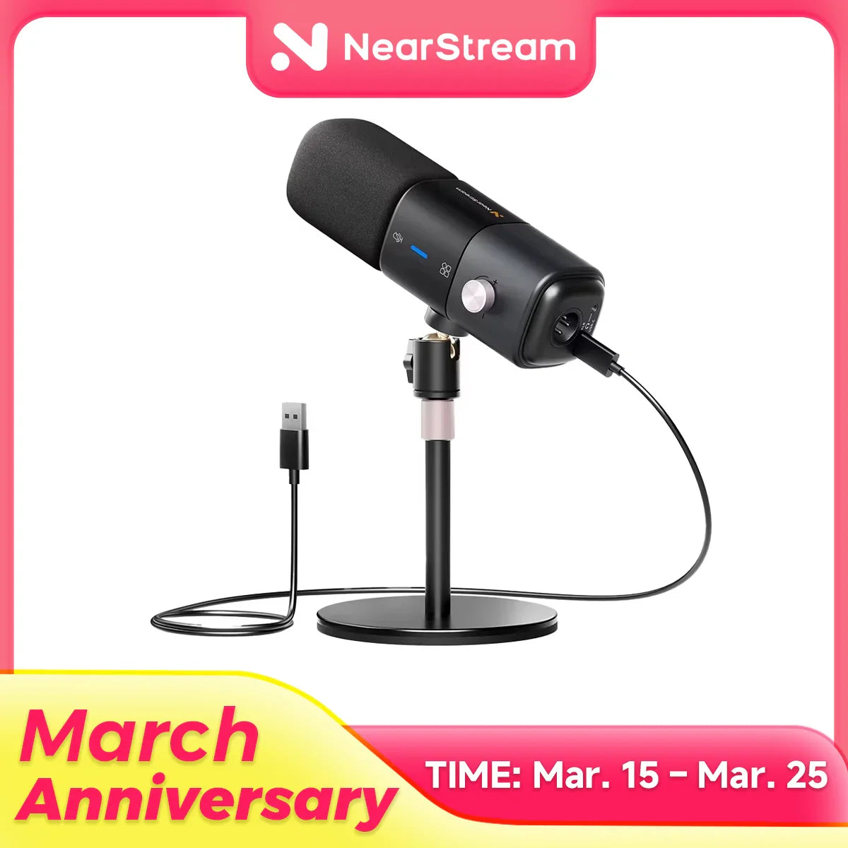 Black nearstream condenser usb microphone with matte finish and silver stand for gaming streaming podcast recording