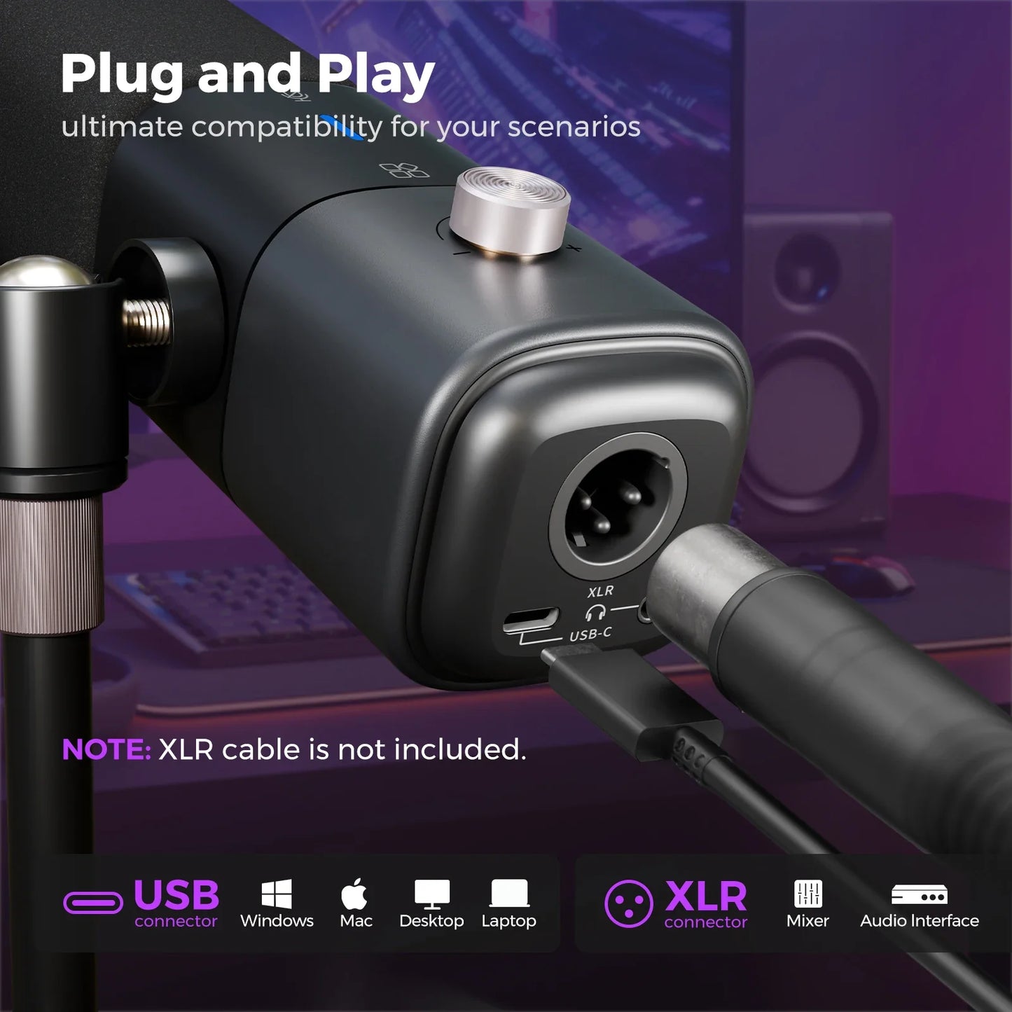 Black usb-c nearstream condenser usb audio interface with silver xlr connector and metallic knob for gaming streaming podcast