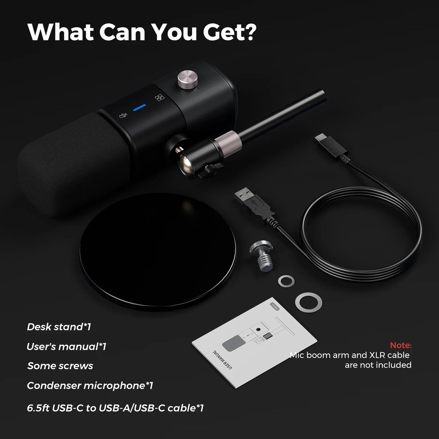 Black nearstream condenser usb microphone with metallic silver top knob and adjustable boom arm for gaming streaming podcast