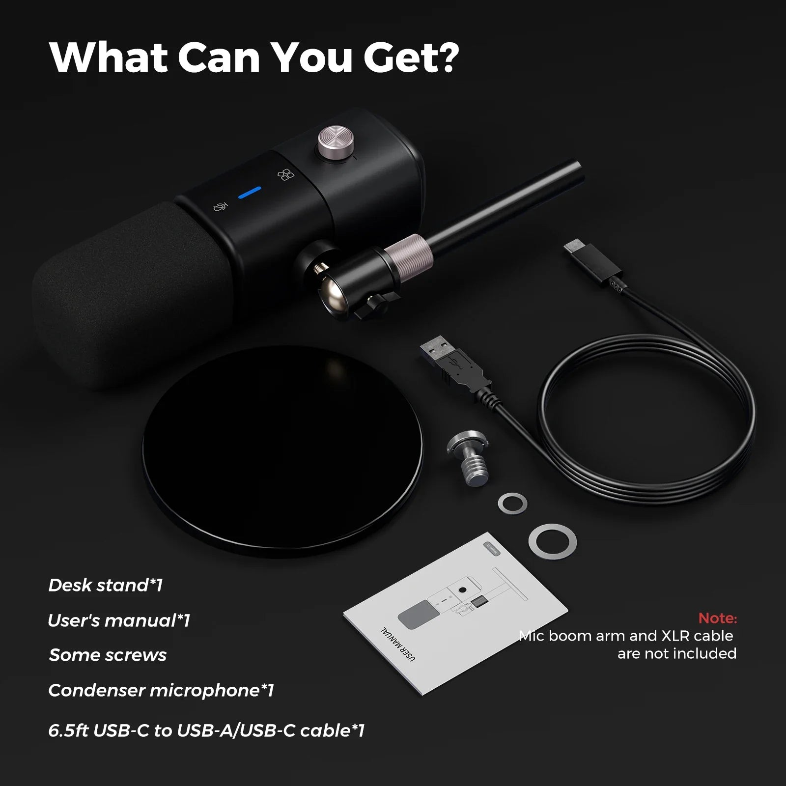 Black nearstream condenser usb microphone with metallic silver top knob and adjustable boom arm for gaming streaming podcast
