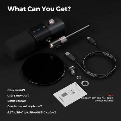 Black nearstream condenser usb microphone with metallic silver top knob and adjustable boom arm for gaming streaming podcast