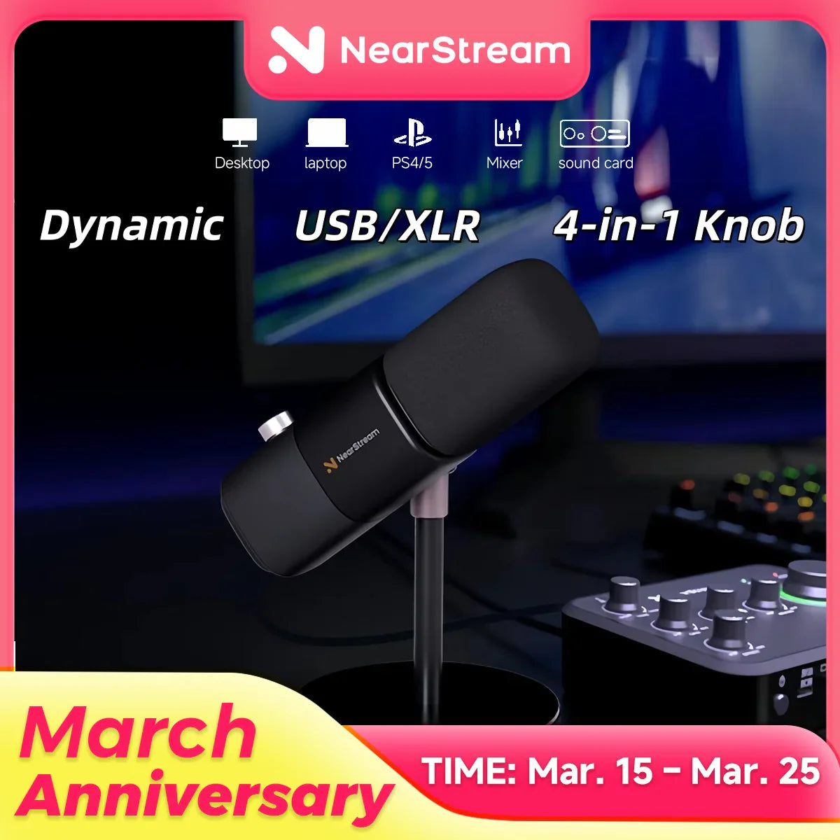 Black nearstream dynamic xlr usb mic with 4-in-1 knob for gaming studio streaming and am15x podcast recording
