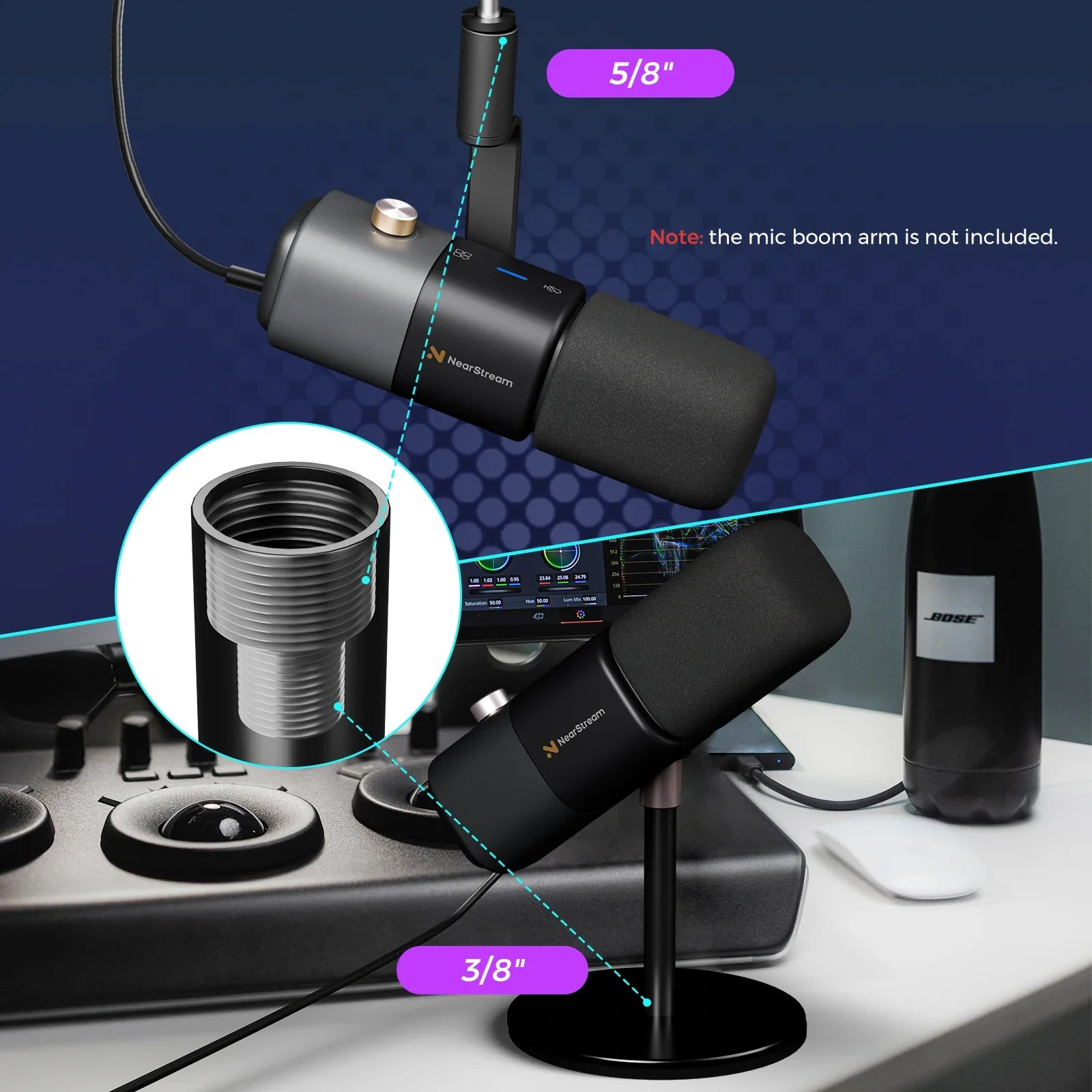 Black nearstream dynamic xlr usb microphone with matte finish and gold knob for gaming studio streaming and am15x podcast