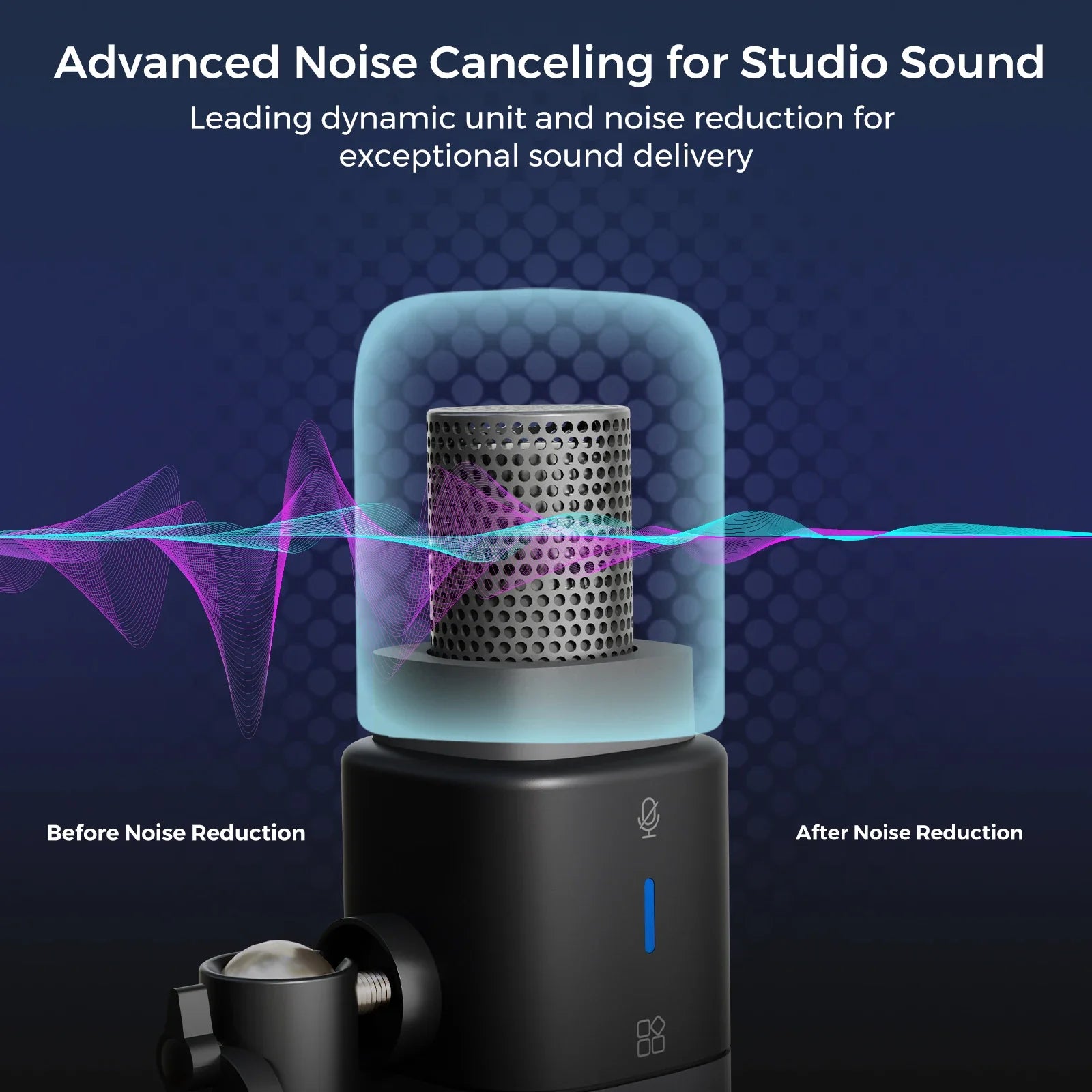 Black nearstream dynamic xlr studio microphone with perforated metallic grille and transparent casing for gaming studio streaming