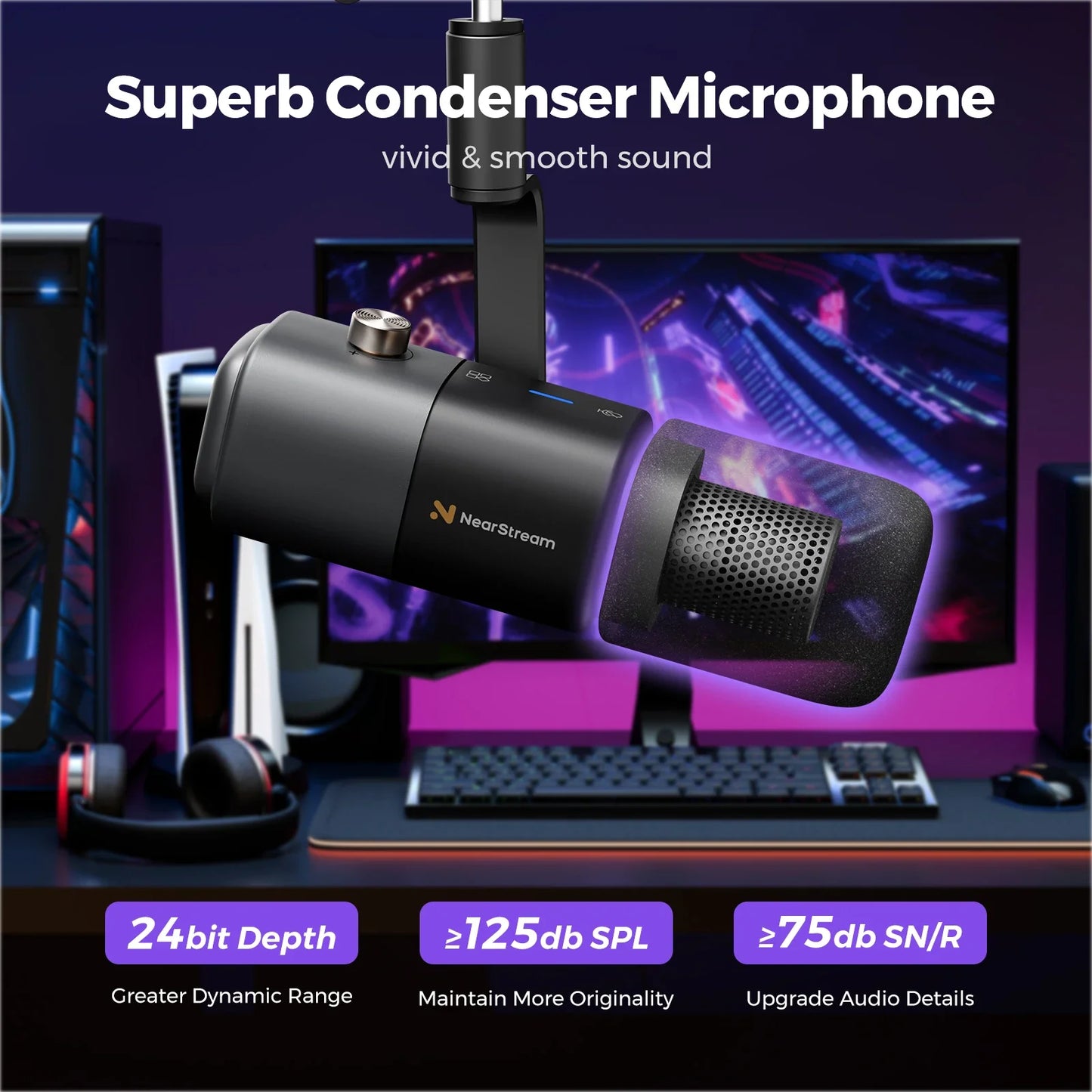 Black nearstream usb xlr condenser microphone with sleek cylindrical body and perforated grille for streaming podcast studio use