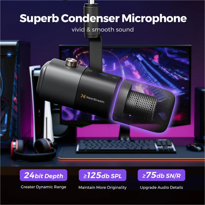 Black nearstream usb xlr condenser microphone with sleek cylindrical body and perforated grille for streaming podcast studio use