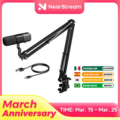 Black nearstream usb xlr condenser mic mounted on adjustable arm with coiled usb and micro-usb cables for streaming podcast studio use