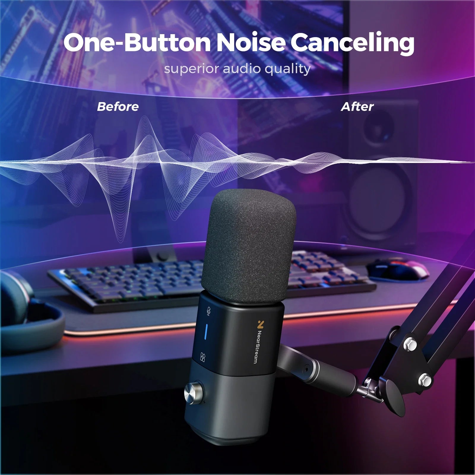 Black nearstream usb xlr condenser microphone with foam windscreen and metallic accents for streaming podcast studio use