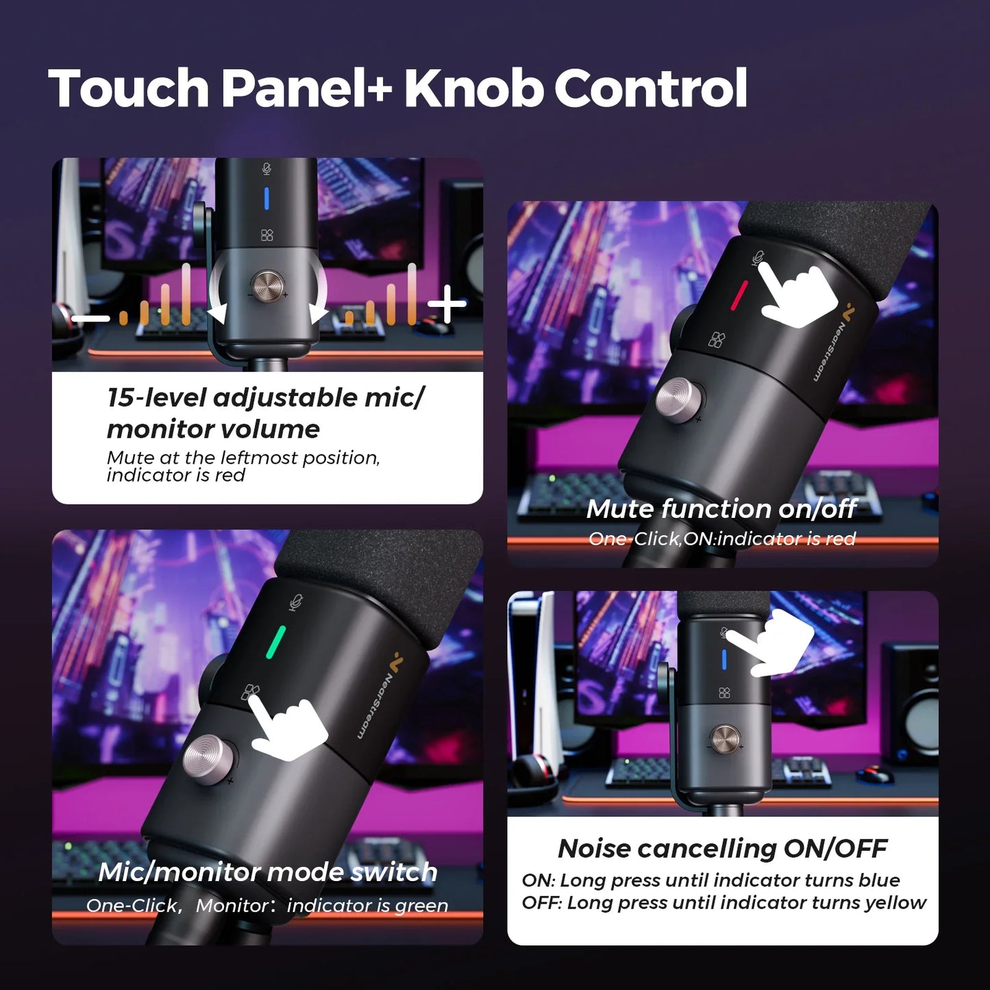 Black nearstream usb xlr usb xlr condenser microphone with touch panel and knob controls for streaming podcast studio use