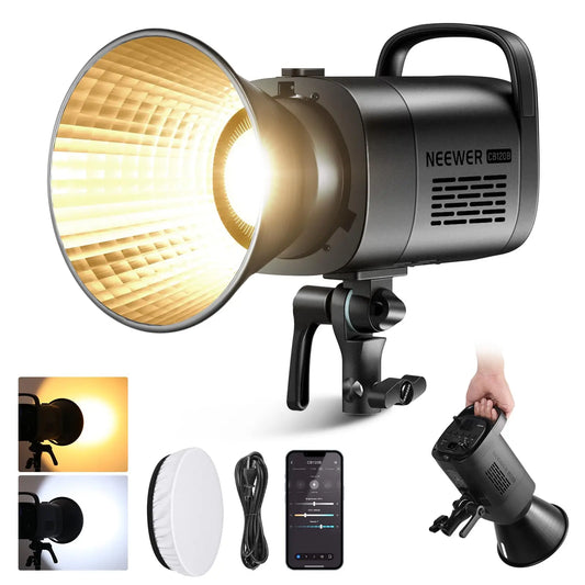 Black neewer cb120s studio light with gold reflective interior and textured grid pattern for photograpny video recording bowens mount continuous lighting