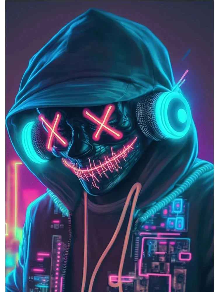 A neon design music poster featuring a glowing skull mask with red eyes and stitched grin on abstract wall art canvas