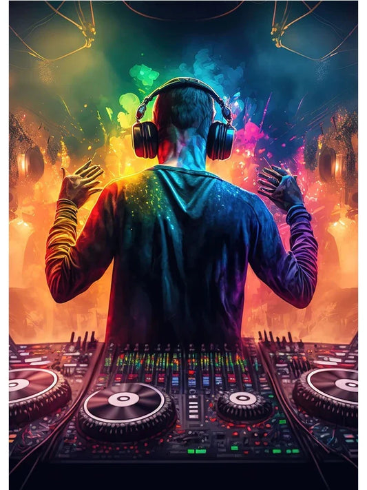 Black over-ear cool dj headphone with padded earcups featured in neon design music abstract wall art canvas painting