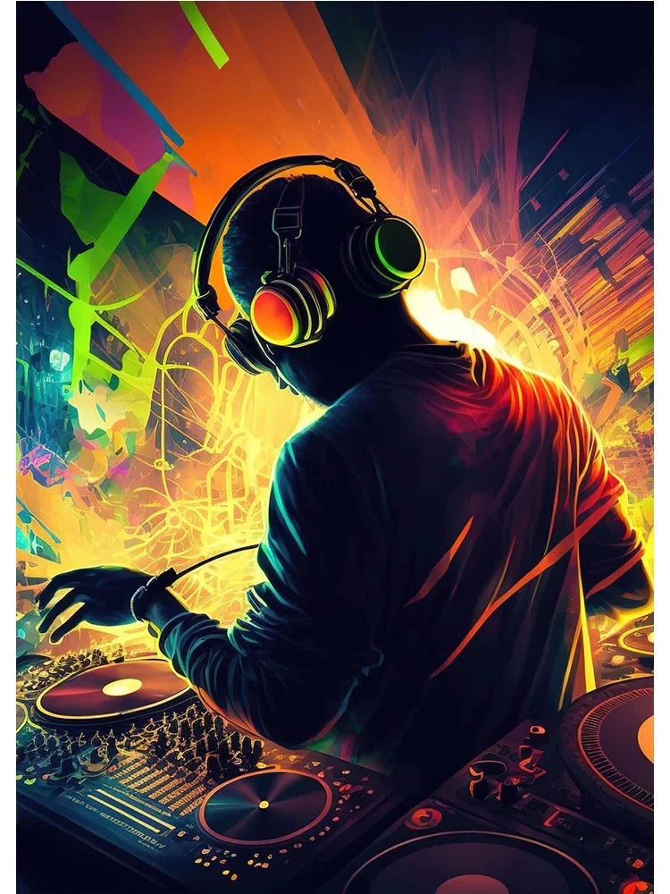 A dj wearing black cool dj headphone with neon design music accents standing behind a professional turntable in abstract wall art