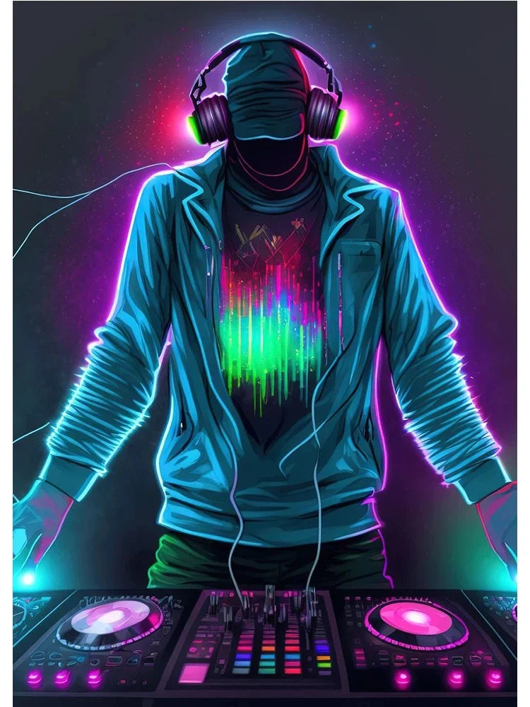 Neon design music poster canvas with cool dj headphone glowing in vibrant colors abstract wall art for home decor