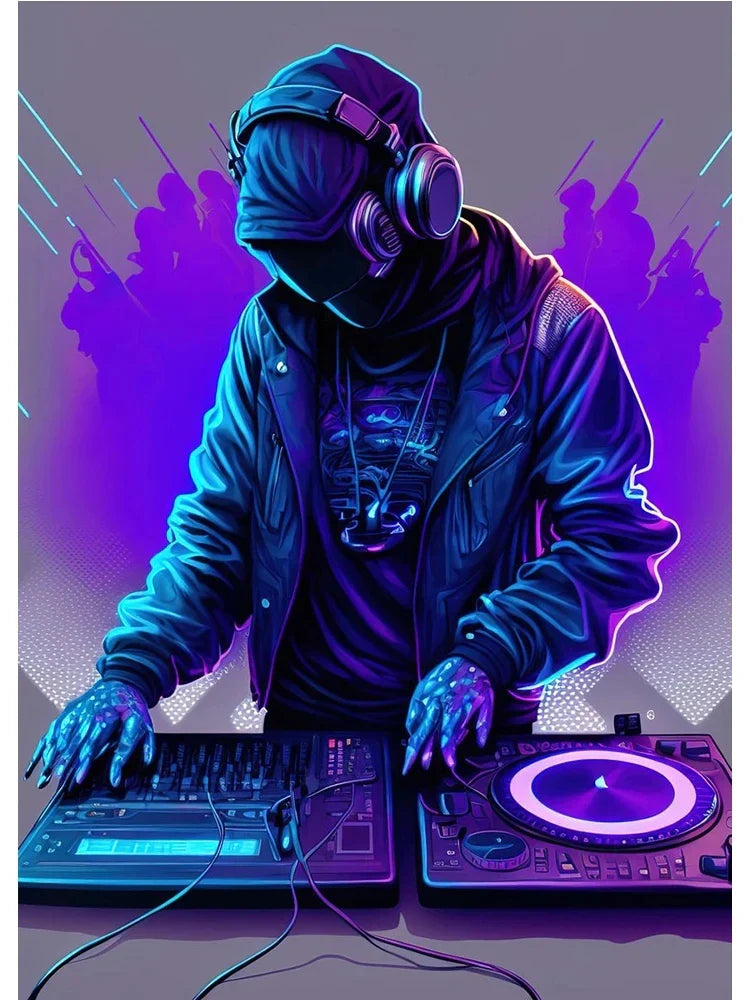Neon design music abstract wall art featuring a purple and blue neon-lit dj mixer with glowing controls on canvas